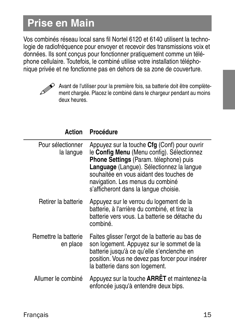 Prise en main | Nortel Networks 6120 User Manual | Page 15 / 84
