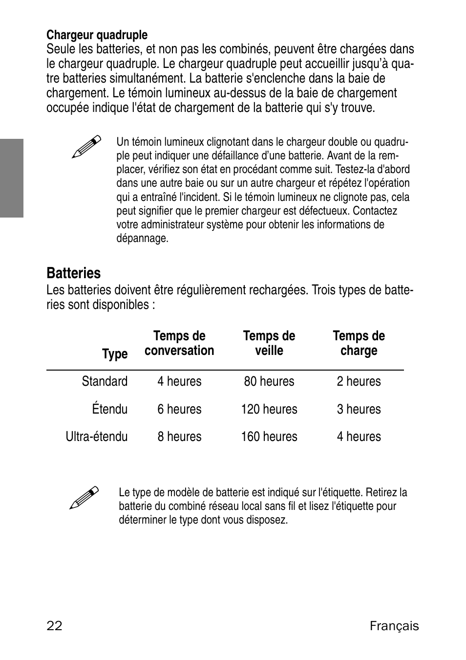 Chargeur quadruple, Batteries | Nortel Networks 6120 User Manual | Page 22 / 84