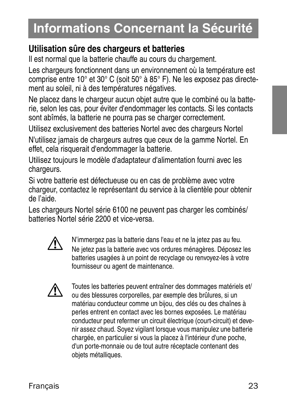 Informations concernant la sécurité, Utilisation sûre des chargeurs et batteries | Nortel Networks 6120 User Manual | Page 23 / 84