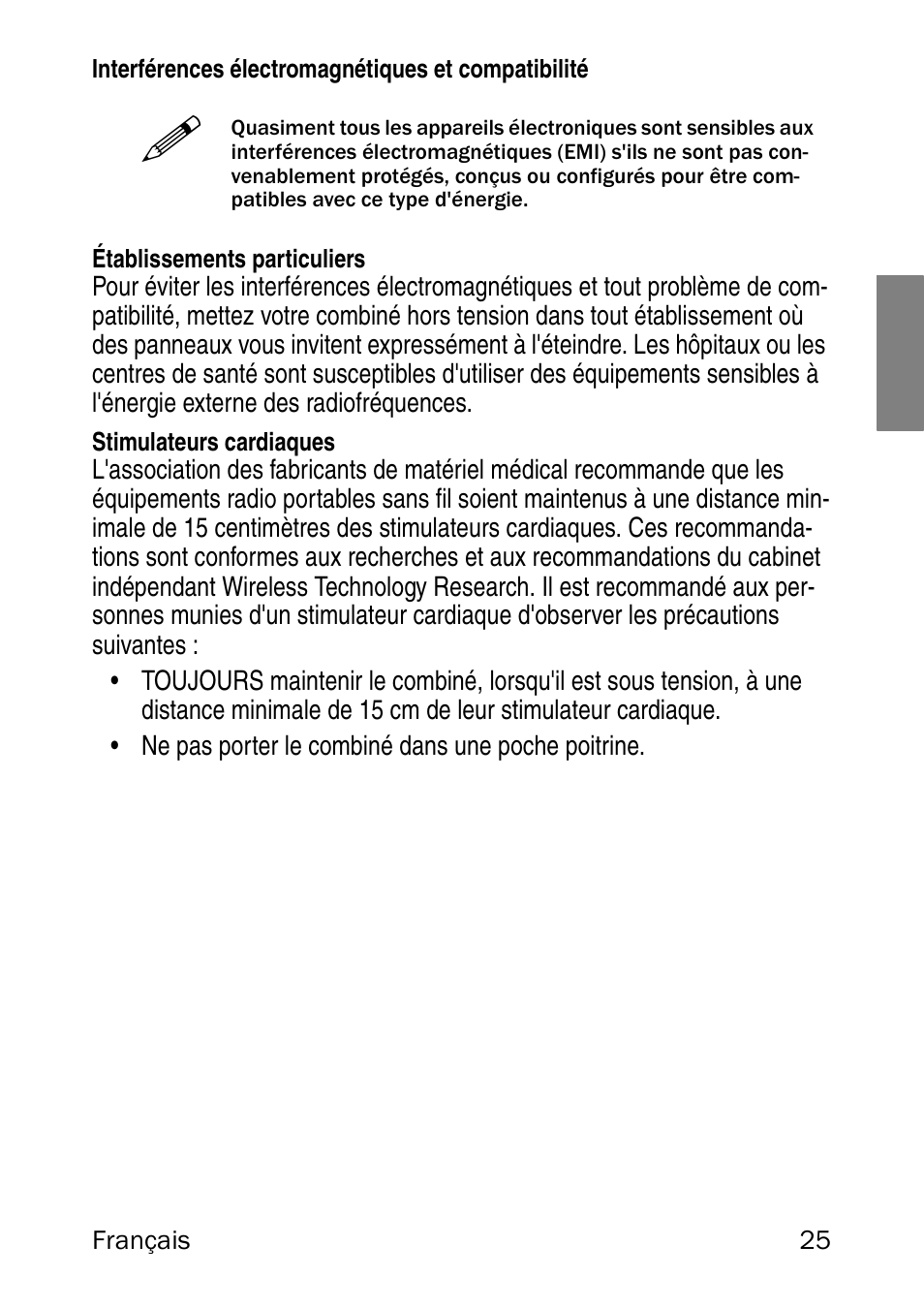 Interférences électromagnétiques et compatibilité, Établissements particuliers, Stimulateurs cardiaques | Nortel Networks 6120 User Manual | Page 25 / 84