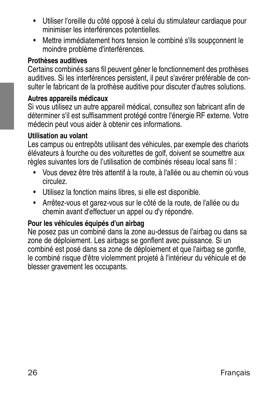 Prothèses auditives, Autres appareils médicaux, Utilisation au volant | Pour les véhicules équipés d'un airbag | Nortel Networks 6120 User Manual | Page 26 / 84
