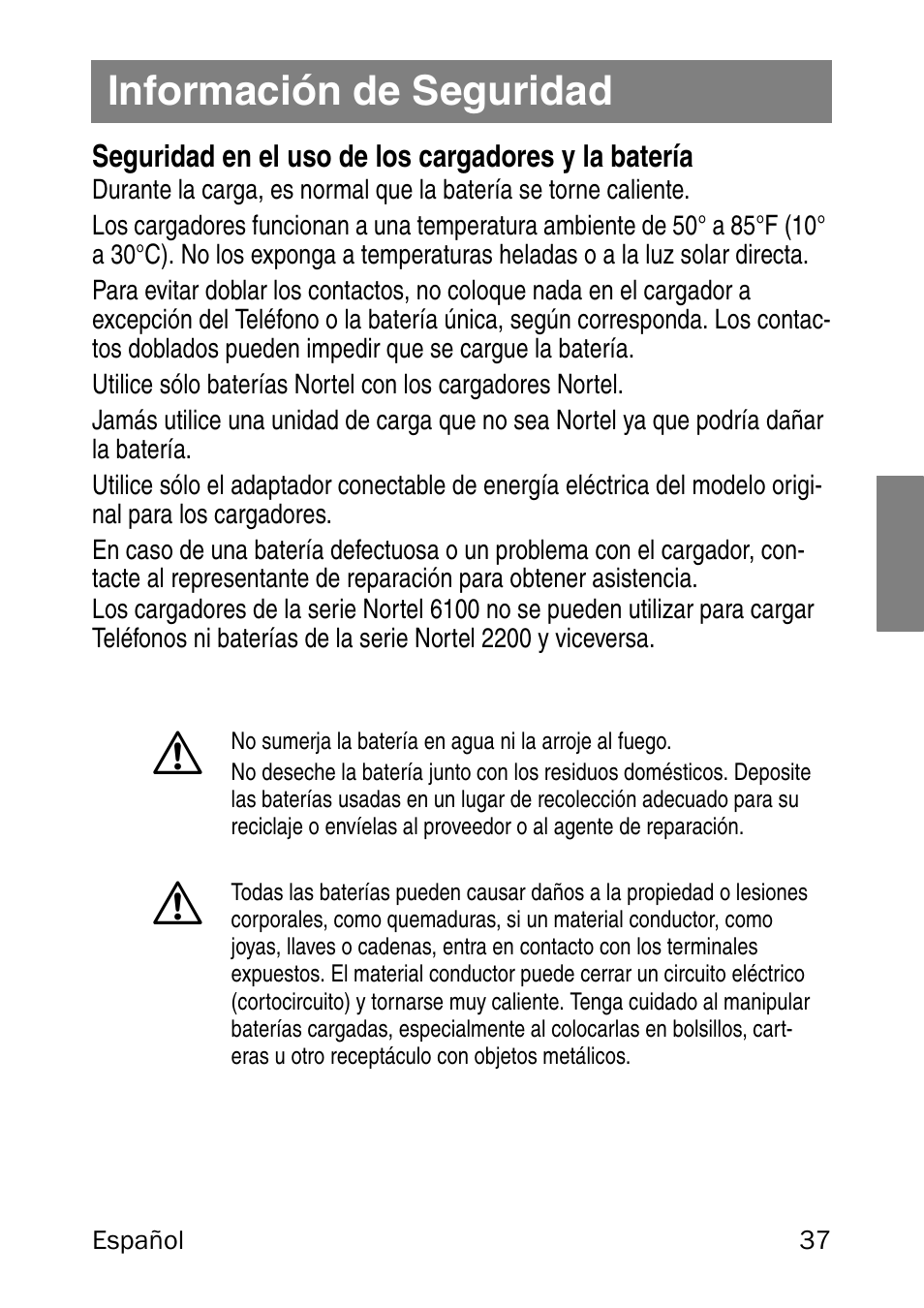 Información de seguridad, Seguridad en el uso de los cargadores y la batería | Nortel Networks 6120 User Manual | Page 37 / 84