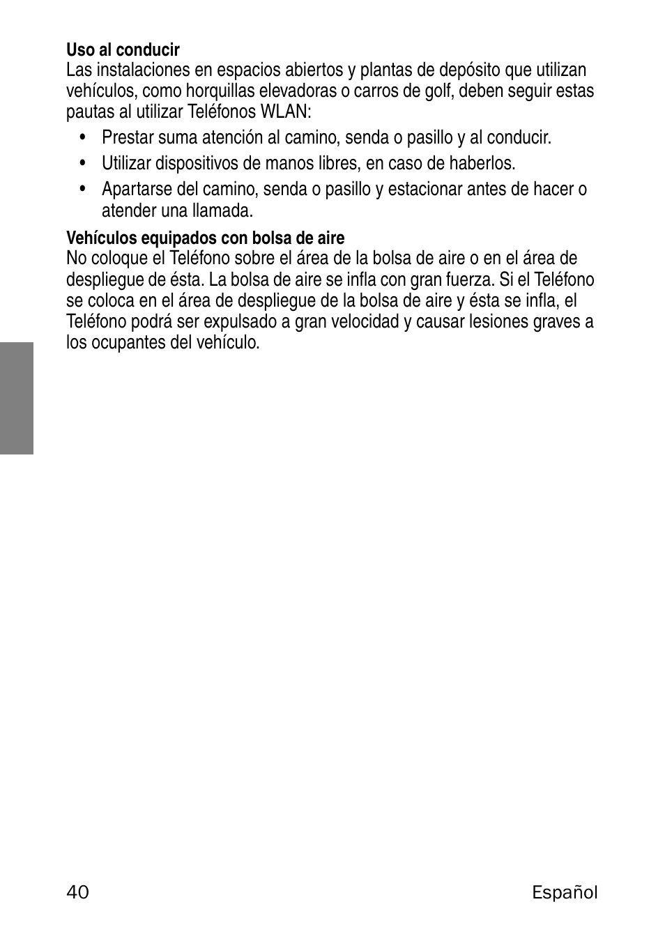 Uso al conducir, Vehículos equipados con bolsa de aire | Nortel Networks 6120 User Manual | Page 40 / 84