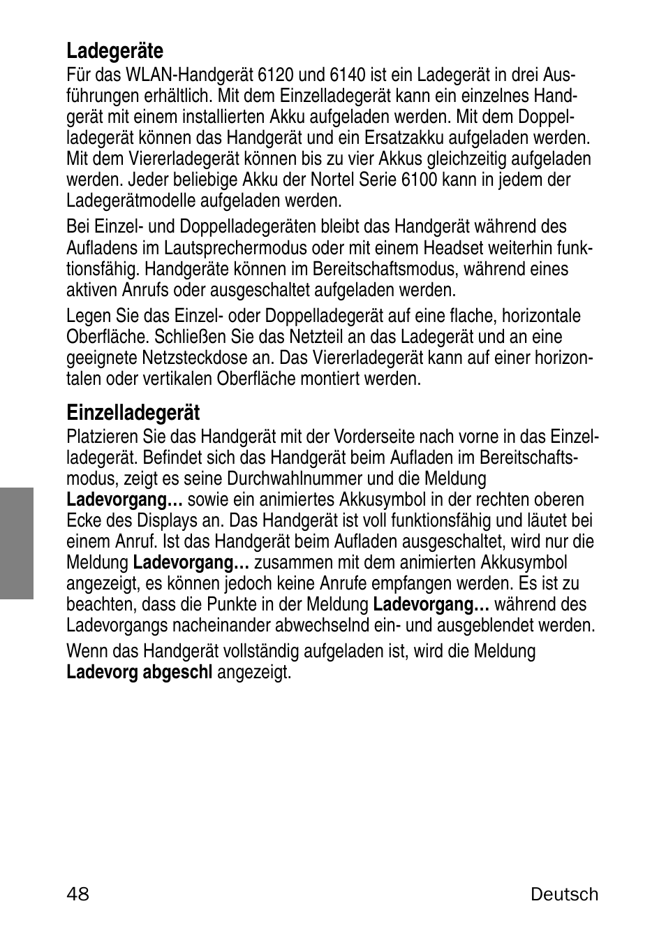 Ladegeräte, Einzelladegerät | Nortel Networks 6120 User Manual | Page 48 / 84