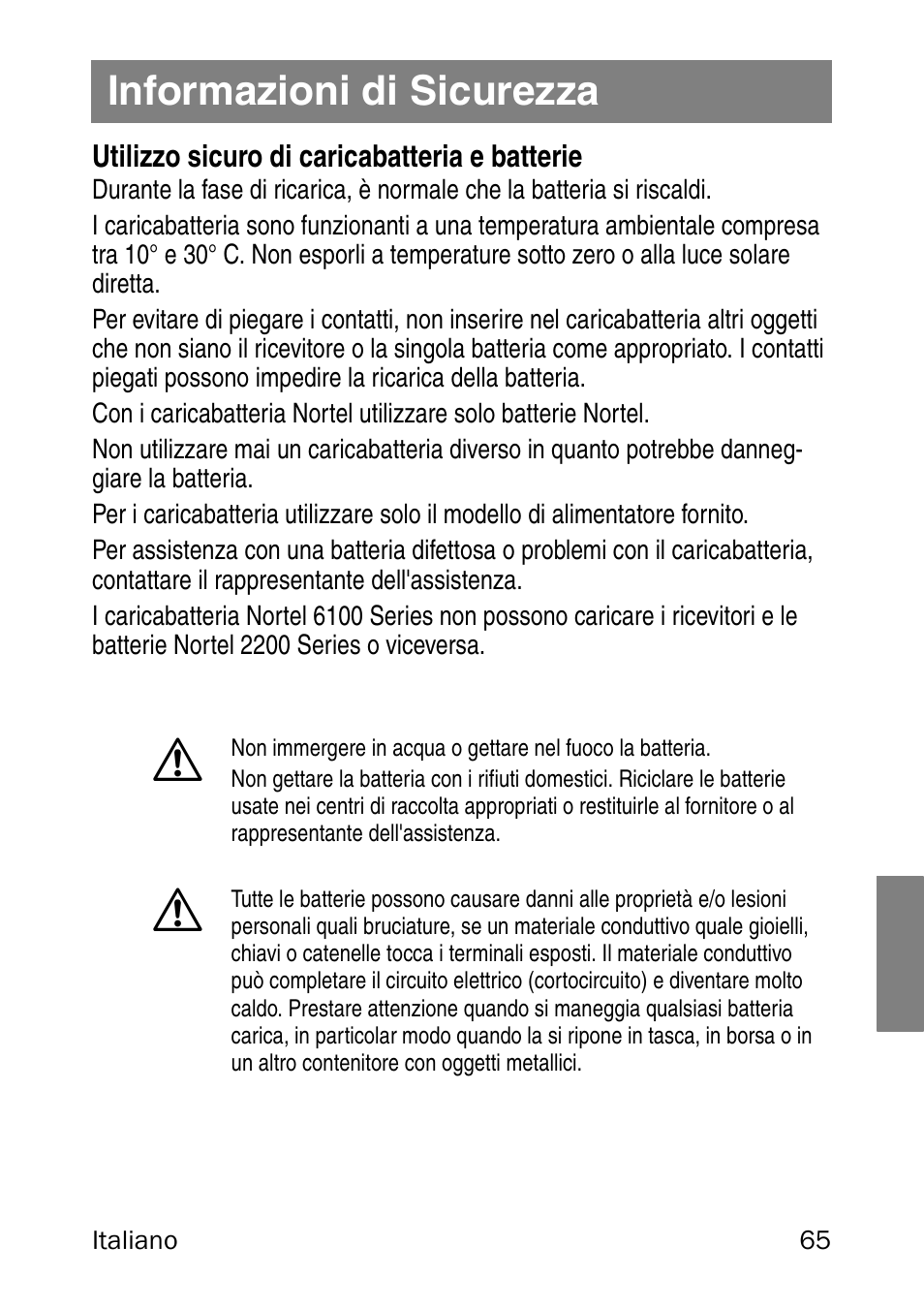 Informazioni di sicurezza, Utilizzo sicuro di caricabatteria e batterie | Nortel Networks 6120 User Manual | Page 65 / 84
