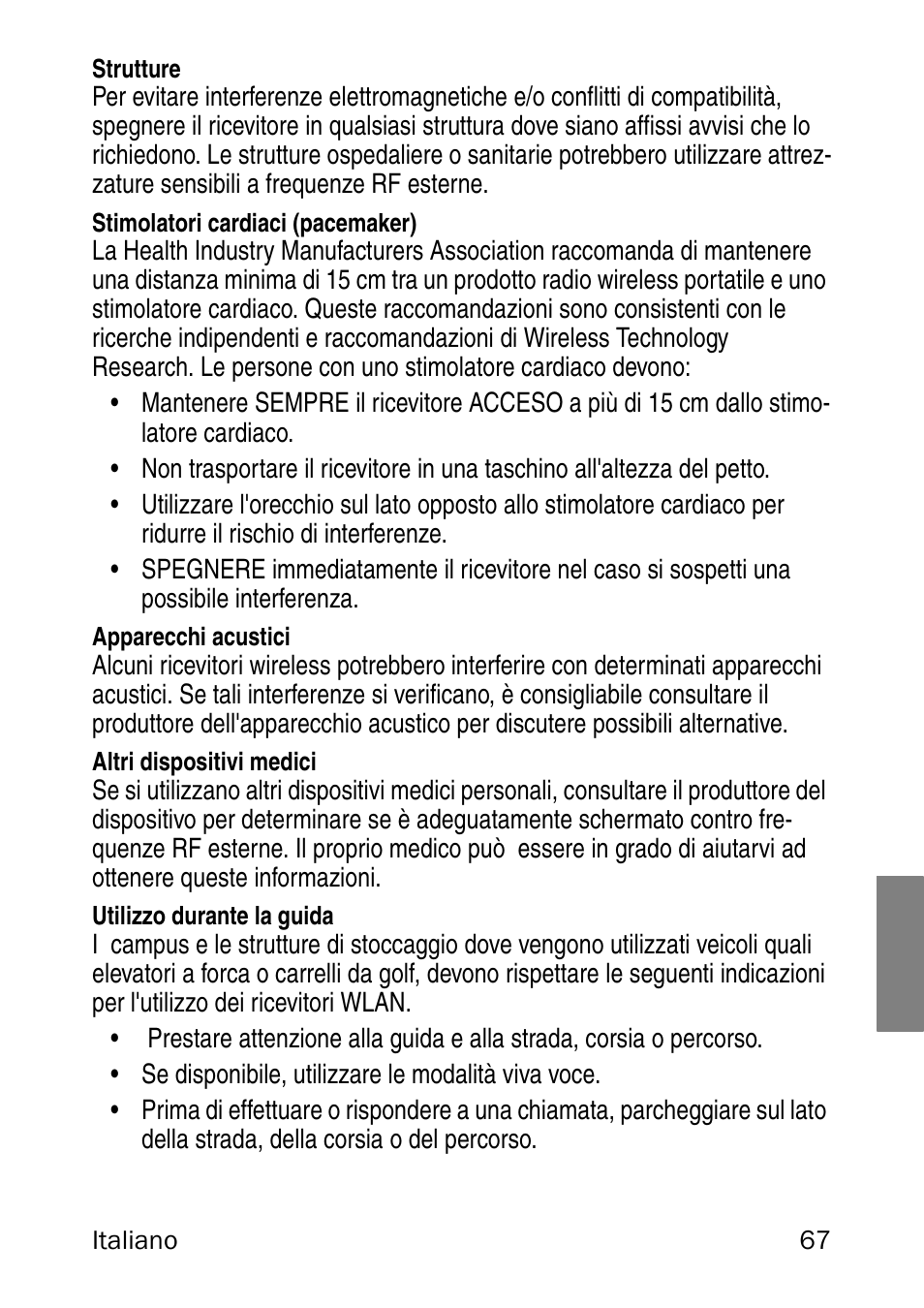 Strutture, Stimolatori cardiaci (pacemaker), Apparecchi acustici | Altri dispositivi medici, Utilizzo durante la guida | Nortel Networks 6120 User Manual | Page 67 / 84
