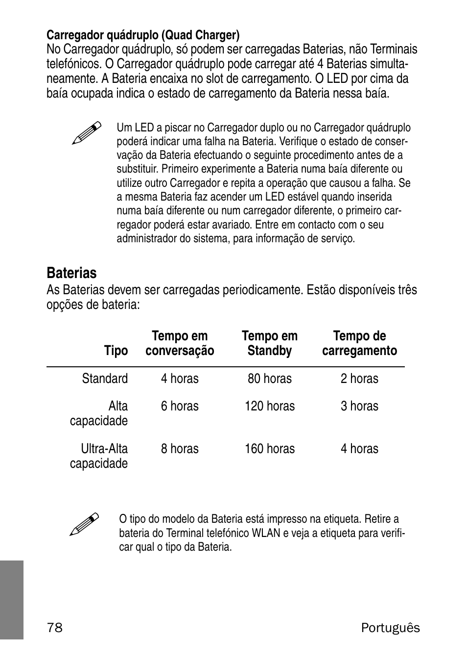 Carregador quádruplo (quad charger), Baterias | Nortel Networks 6120 User Manual | Page 78 / 84