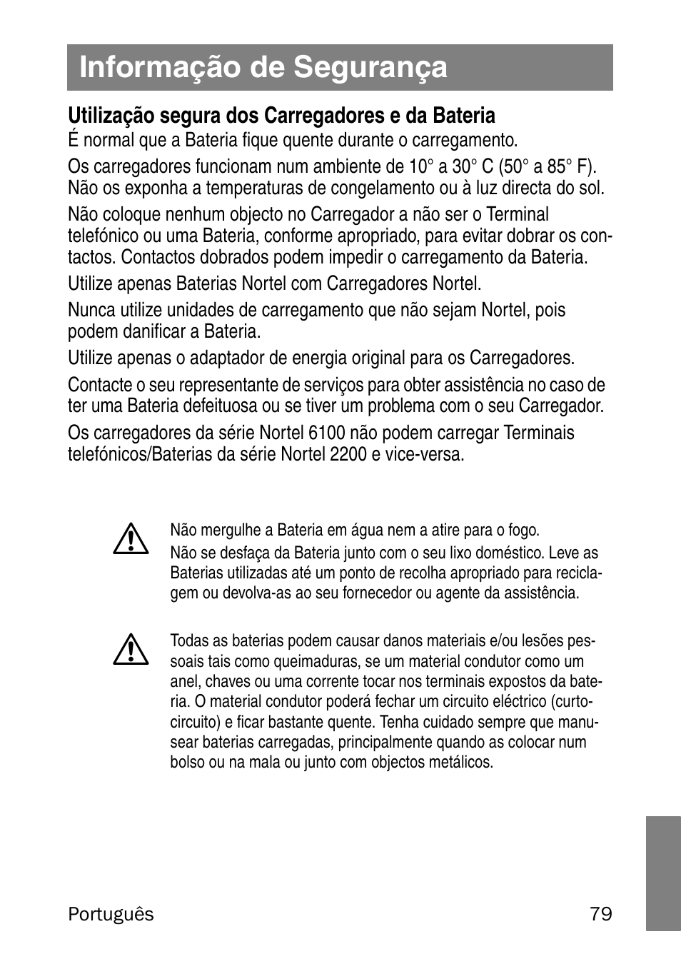 Informação de segurança, Utilização segura dos carregadores e da bateria | Nortel Networks 6120 User Manual | Page 79 / 84