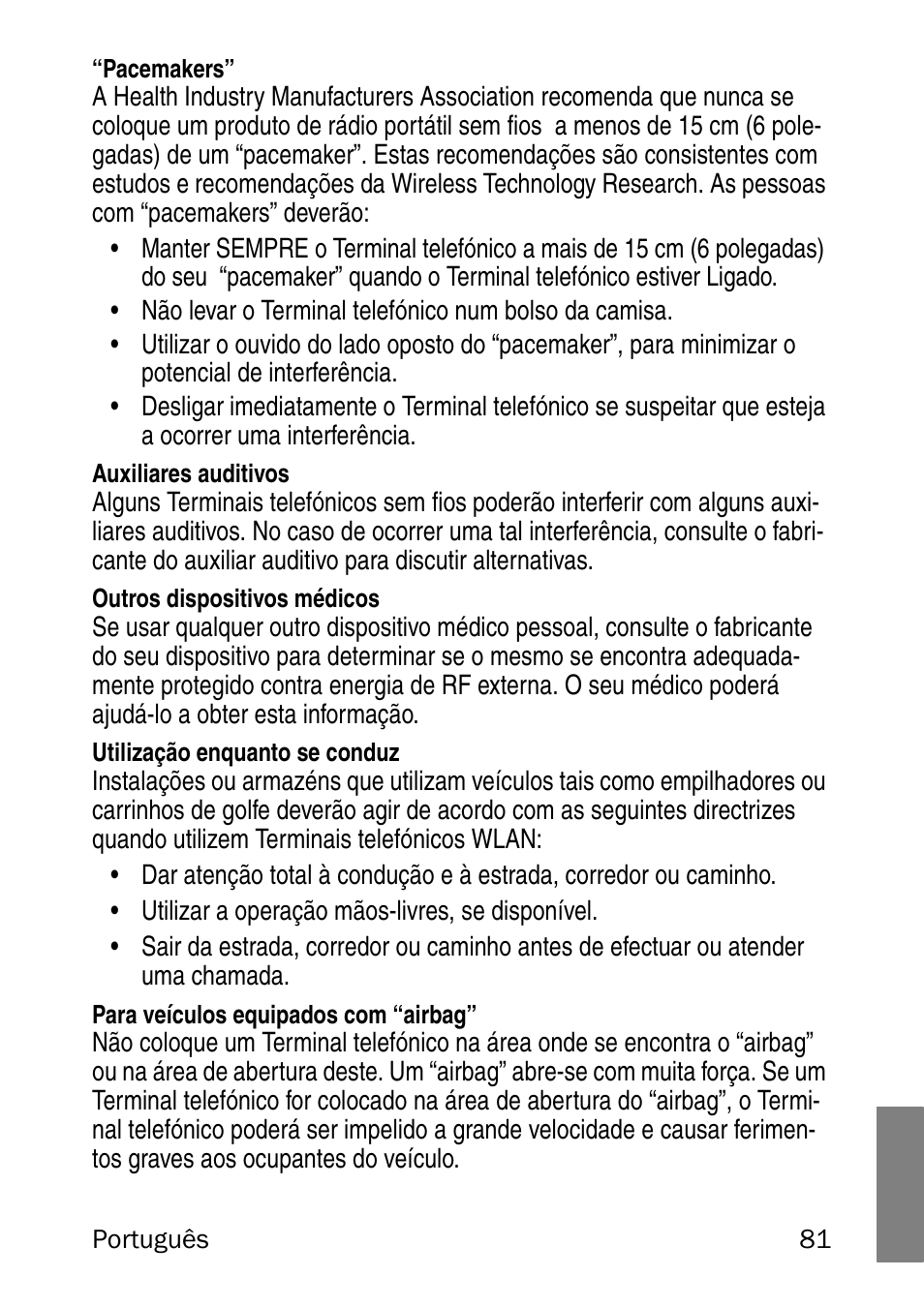 Pacemakers, Auxiliares auditivos, Outros dispositivos médicos | Utilização enquanto se conduz, Para veículos equipados com “airbag | Nortel Networks 6120 User Manual | Page 81 / 84
