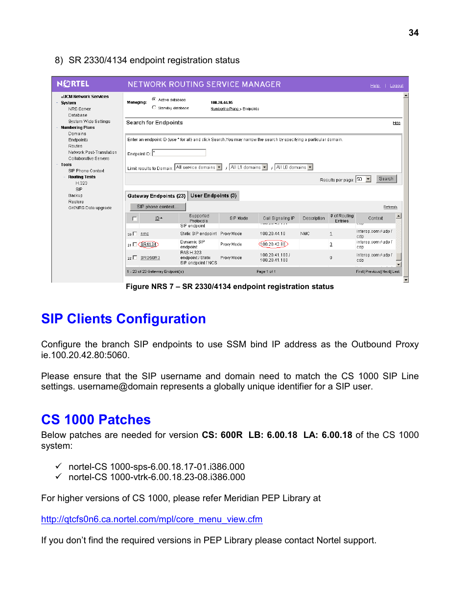 Sip clients configuration, Cs 1000 patches | Nortel Networks 4134 User Manual | Page 34 / 40