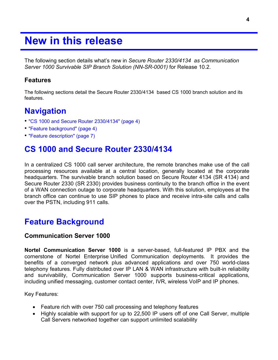 New in this release, Navigation, Cs 1000 and secure router 2330/4134 | Feature background | Nortel Networks 4134 User Manual | Page 4 / 40