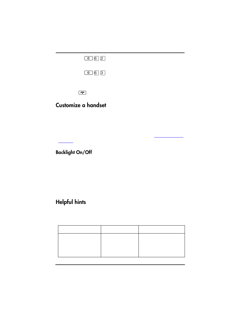 Customize a handset, Backlight on/off, Helpful hints | Nortel T7406 User Manual | Page 44 / 56