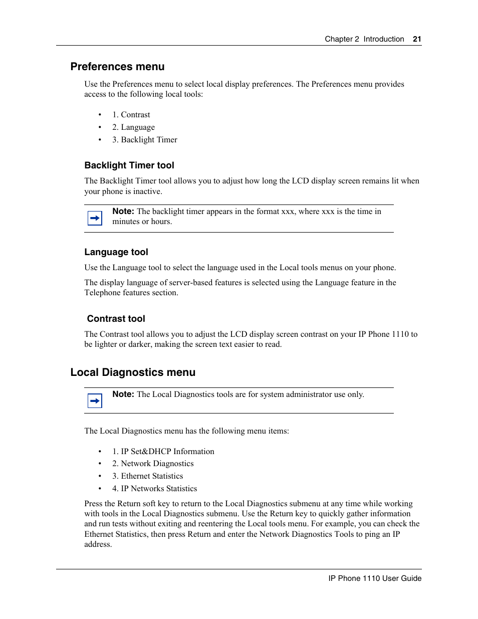 Preferences menu, Local diagnostics menu | Nortel Networks 1100 User Manual | Page 21 / 30