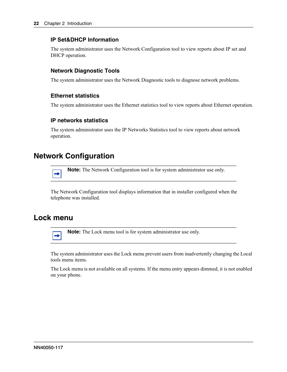 Network configuration, Lock menu | Nortel Networks 1100 User Manual | Page 22 / 30
