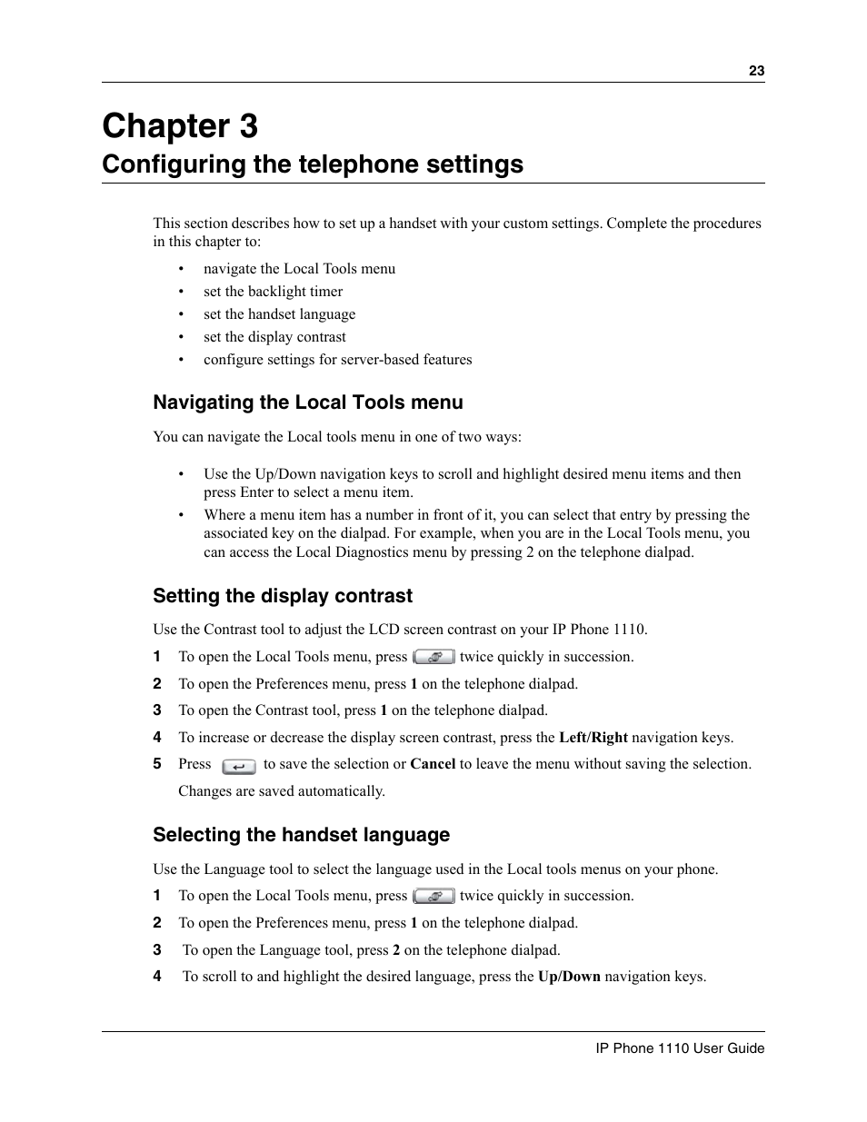 Configuring the telephone settings, Chapter 3 | Nortel Networks 1100 User Manual | Page 23 / 30