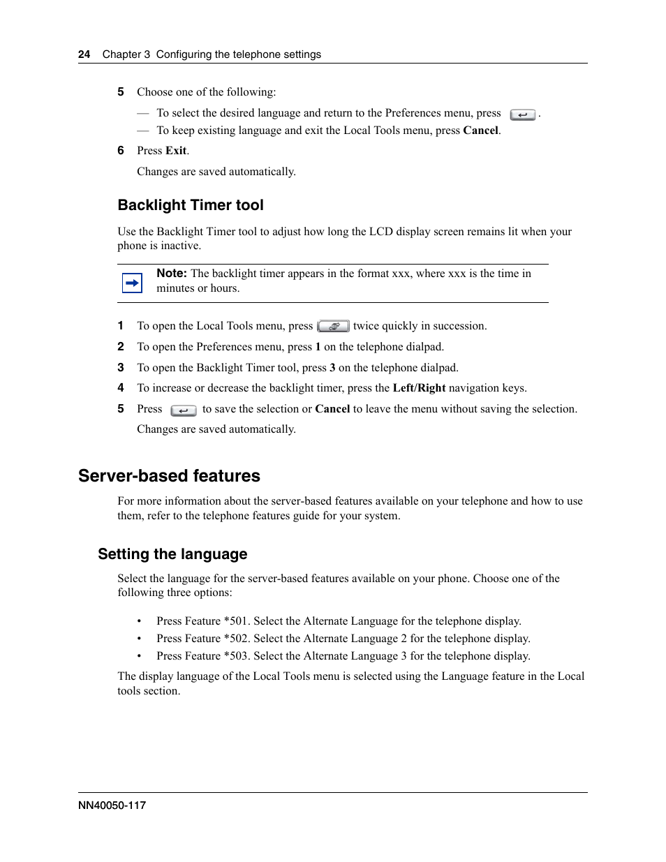 Server-based features, Setting the language, Backlight timer tool | Nortel Networks 1100 User Manual | Page 24 / 30