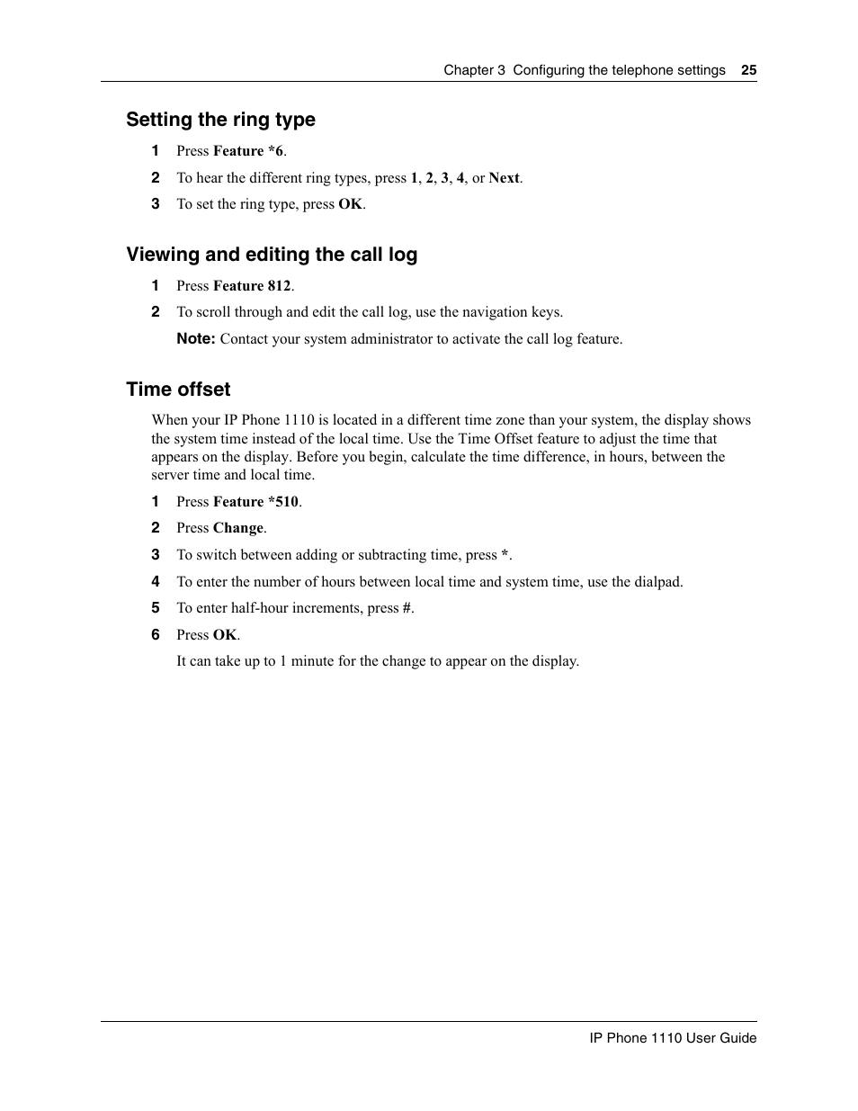 Setting the ring type, Viewing and editing the call log, Time offset | Nortel Networks 1100 User Manual | Page 25 / 30