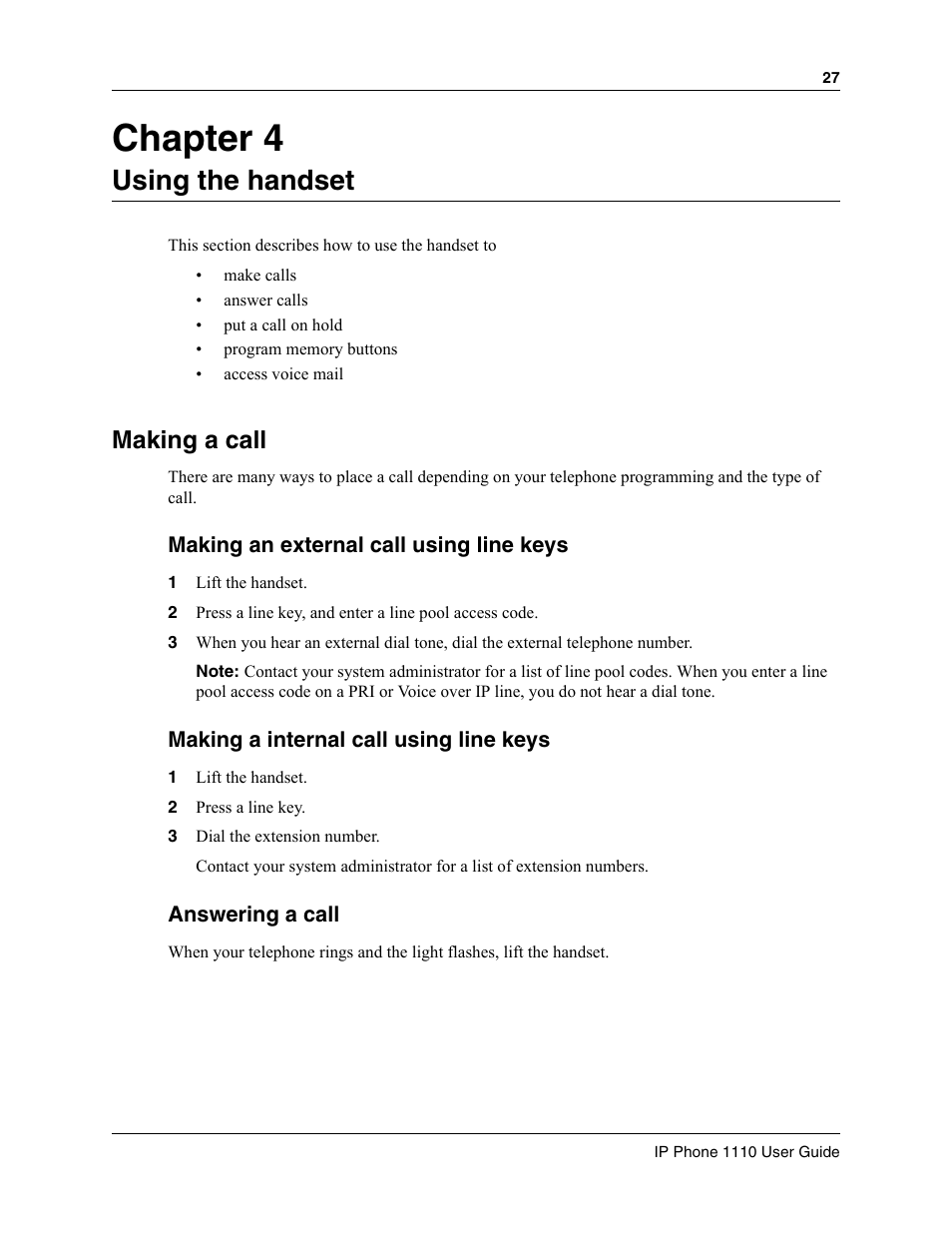 Using the handset, Making a call, Chapter 4 | Nortel Networks 1100 User Manual | Page 27 / 30