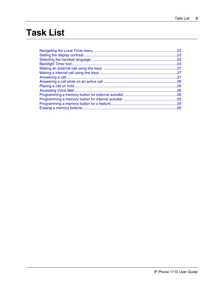 Task list | Nortel Networks 1100 User Manual | Page 3 / 30