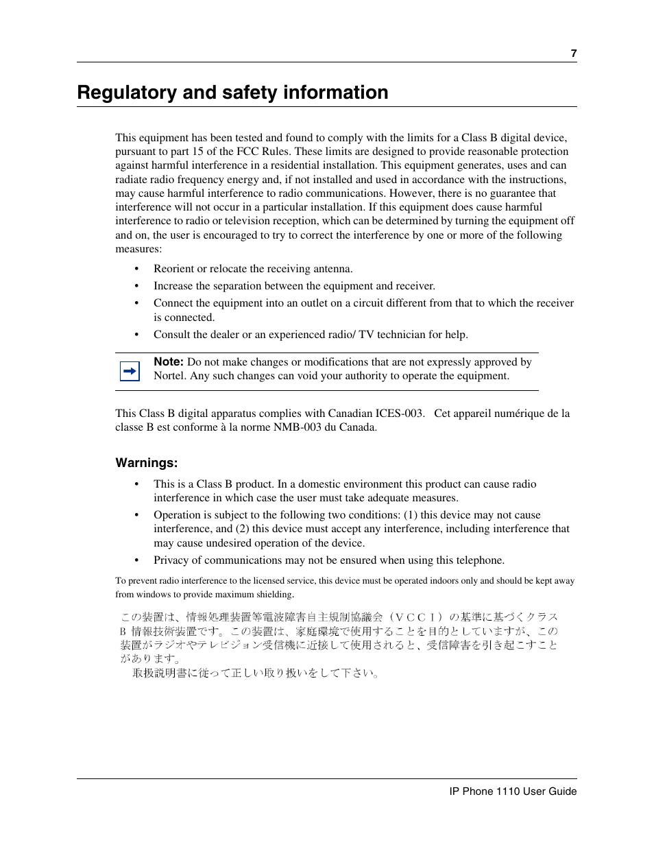 Regulatory and safety information | Nortel Networks 1100 User Manual | Page 7 / 30