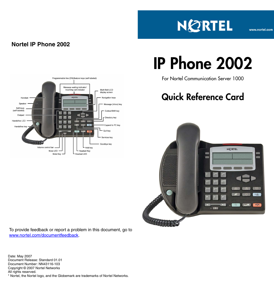 Ip phone 2002, Quick reference card | Nortel Networks NN43116-104 User Manual | Page 2 / 2