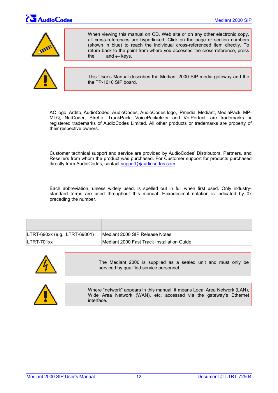Trademarks, Customer support, Abbreviations and terminology | Related documentation | Nortel Networks Mediant TP-1610 SIP User Manual | Page 12 / 280