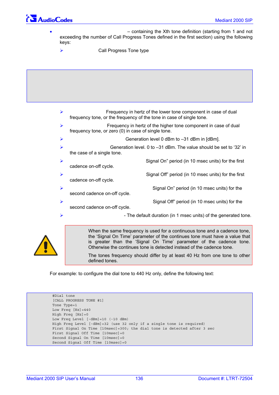 Figure 7-1: call progress tone types, Figure 7-2: defining a dial tone example | Nortel Networks Mediant TP-1610 SIP User Manual | Page 136 / 280