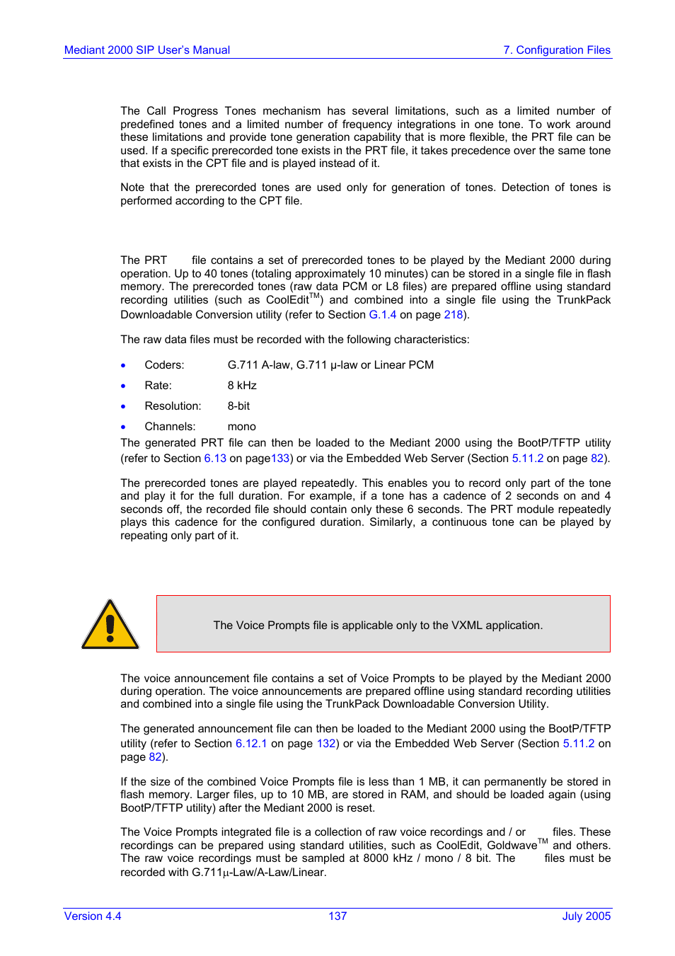 Prerecorded tones (prt) file, Prt file format, Voice prompts file | On pag, 2 prerecorded tones (prt) file, 3 voice prompts file, 1 prt file format | Nortel Networks Mediant TP-1610 SIP User Manual | Page 137 / 280