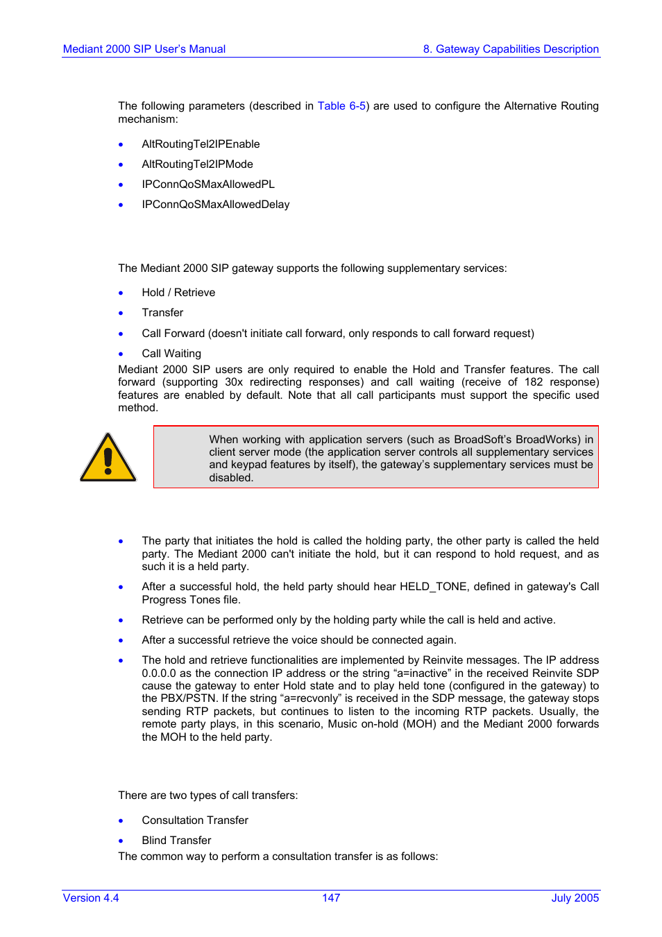 Relevant parameters, Working with supplementary services, Call hold and retrieve features | Call transfer, 7 working with supplementary services, 4 relevant parameters, 1 call hold and retrieve features, 2 call transfer | Nortel Networks Mediant TP-1610 SIP User Manual | Page 147 / 280
