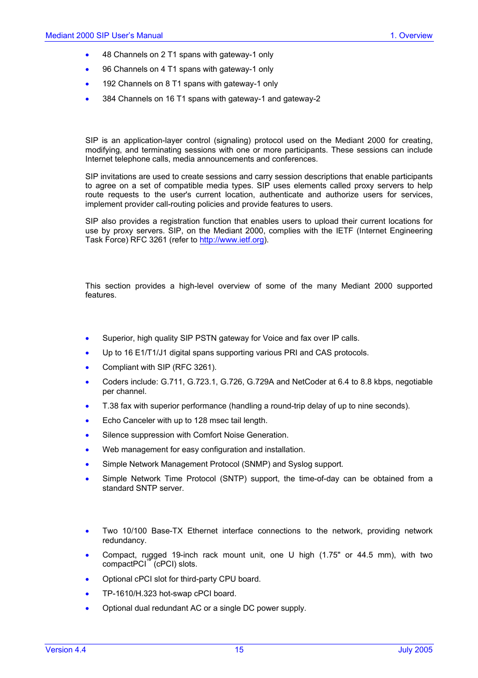 Sip overview, Mediant 2000 features, General features | Hardware features, 2 sip overview, 1 general features, 2 hardware features | Nortel Networks Mediant TP-1610 SIP User Manual | Page 15 / 280