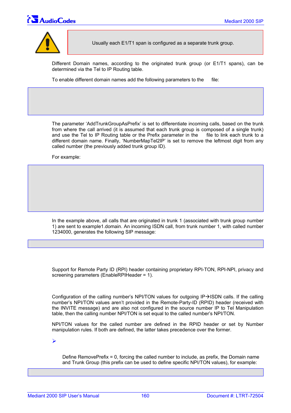 Support for rpi header, Configuration of npi/ton | Nortel Networks Mediant TP-1610 SIP User Manual | Page 160 / 280