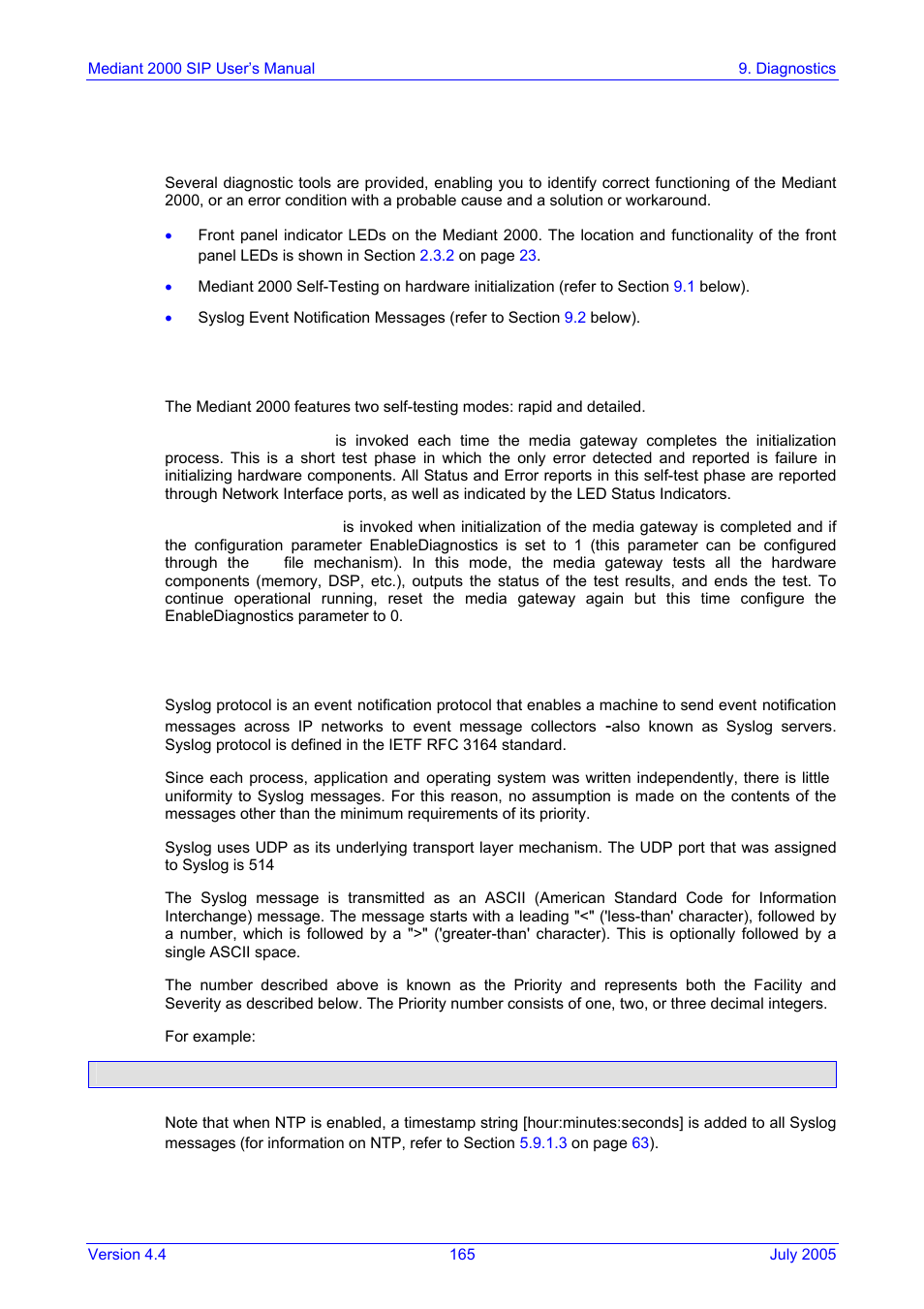 Diagnostics, Mediant 2000 self-testing, Syslog support | On pag, 9 diagnostics, 2 syslog support | Nortel Networks Mediant TP-1610 SIP User Manual | Page 165 / 280