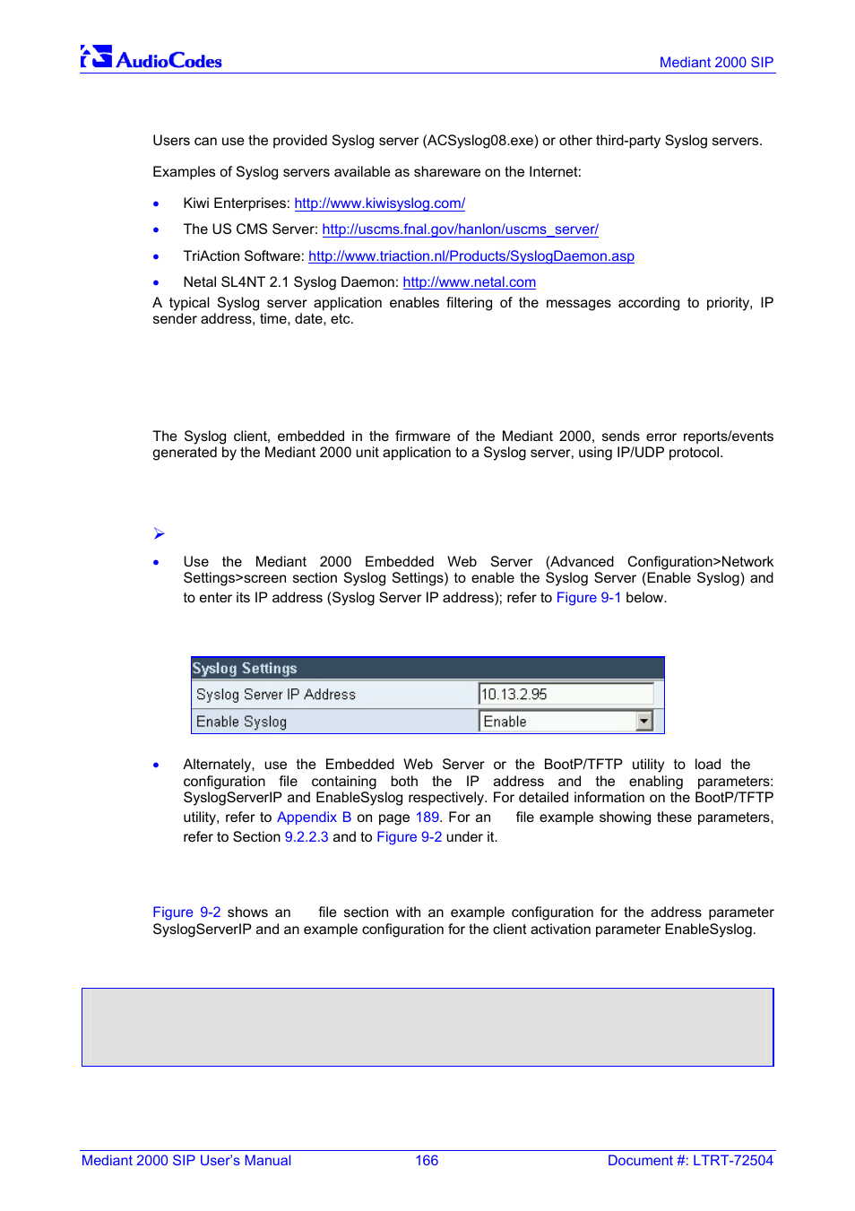 Syslog servers, Operation, Sending the syslog messages | Setting the syslog server, The ini file example for syslog, Figure 9-1: setting the syslog server ip address, Figure 9-2: the ini file example for syslog, 1 syslog servers, 2 operation | Nortel Networks Mediant TP-1610 SIP User Manual | Page 166 / 280