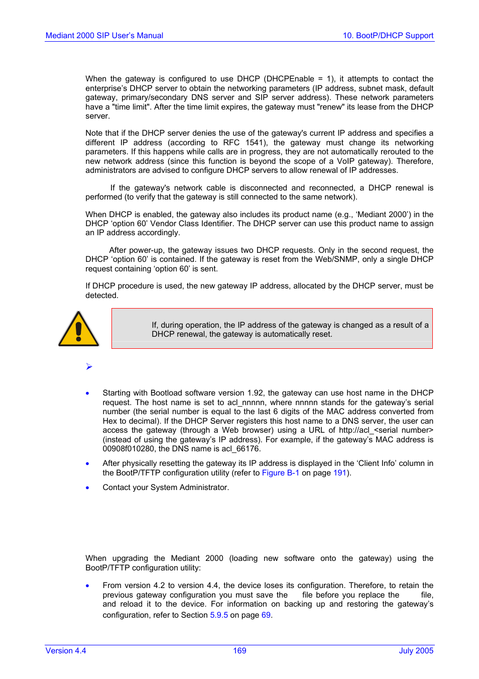 Dhcp support, Bootp support, Upgrading the mediant 2000 | On p, Ion utility (refer to section, 2 dhcp support, 3 bootp support | Nortel Networks Mediant TP-1610 SIP User Manual | Page 169 / 280