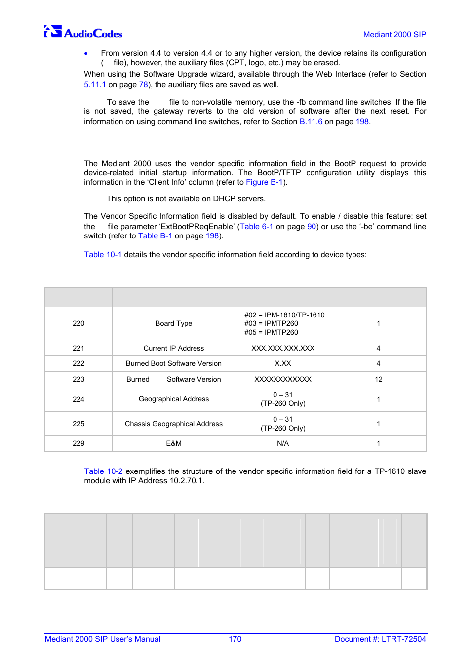 Vendor specific information field, Table 10-1: vendor specific information field, On p | 2 vendor specific information field | Nortel Networks Mediant TP-1610 SIP User Manual | Page 170 / 280