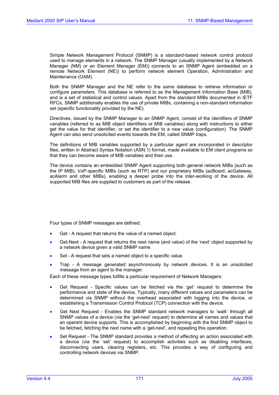 Snmp-based management, About snmp, Snmp message standard | 11 snmp-based management, 1 about snmp, 1 snmp message standard | Nortel Networks Mediant TP-1610 SIP User Manual | Page 171 / 280