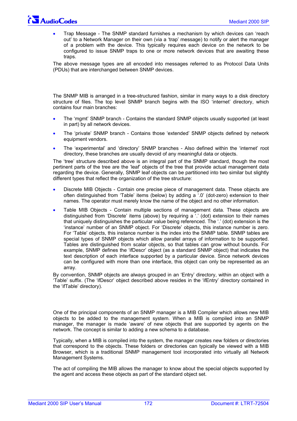 Snmp mib objects, Snmp extensibility feature, 2 snmp mib objects | 3 snmp extensibility feature | Nortel Networks Mediant TP-1610 SIP User Manual | Page 172 / 280