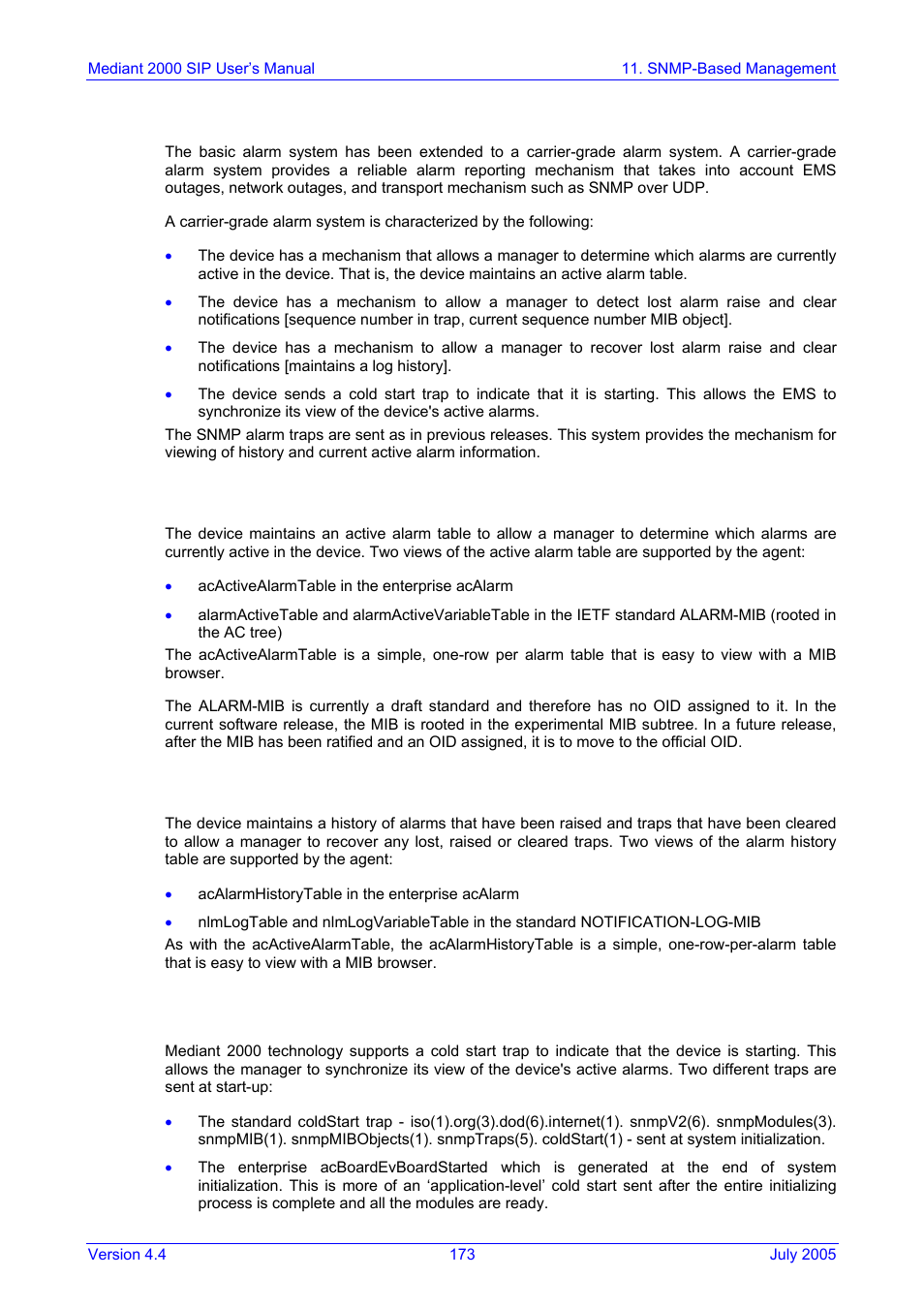 Carrier grade alarm system, Active alarm table, Alarm history | Cold start trap, 2 carrier grade alarm system, 3 cold start trap, 1 active alarm table, 2 alarm history | Nortel Networks Mediant TP-1610 SIP User Manual | Page 173 / 280