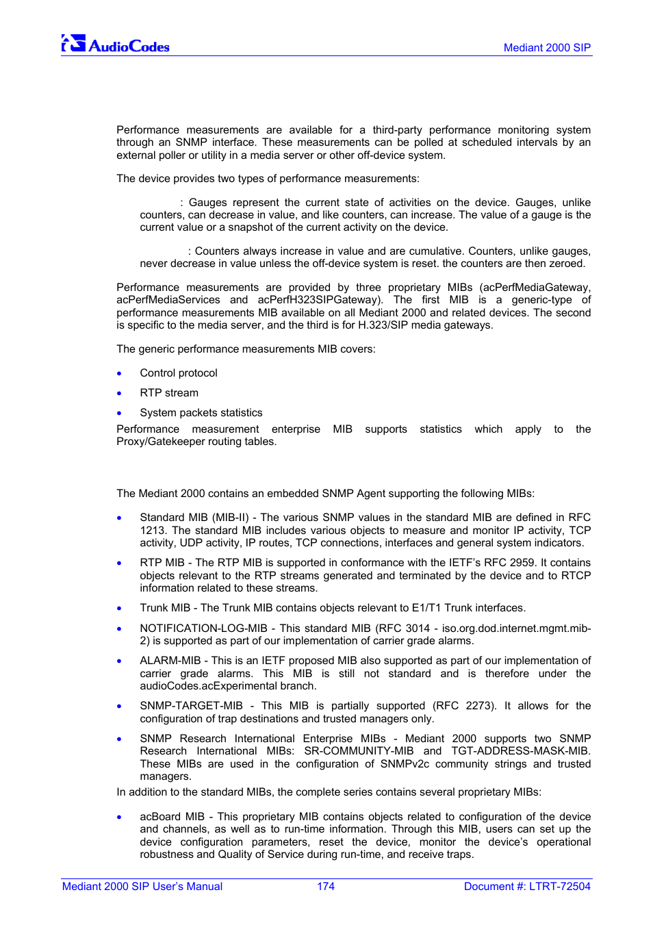 Third-party performance monitoring measurements, Trunkpack-vop series supported mibs, 4 third-party performance monitoring measurements | 5 trunkpack-vop series supported mibs | Nortel Networks Mediant TP-1610 SIP User Manual | Page 174 / 280