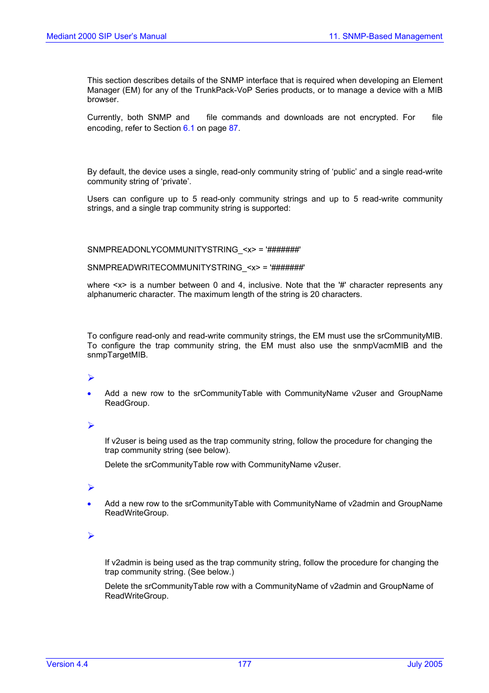 Snmp interface details, Snmp community names, Configuration of community strings via snmp | 6 snmp interface details, 1 snmp community names | Nortel Networks Mediant TP-1610 SIP User Manual | Page 177 / 280