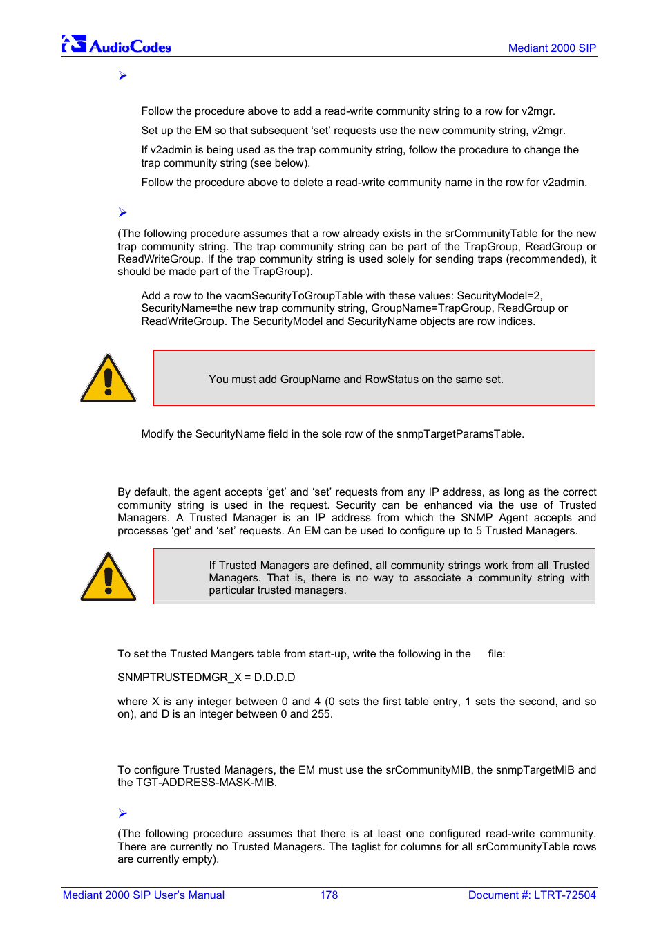 Trusted managers, Configuration of trusted managers via ini file, Configuration of trusted managers via snmp | 2 trusted managers | Nortel Networks Mediant TP-1610 SIP User Manual | Page 178 / 280