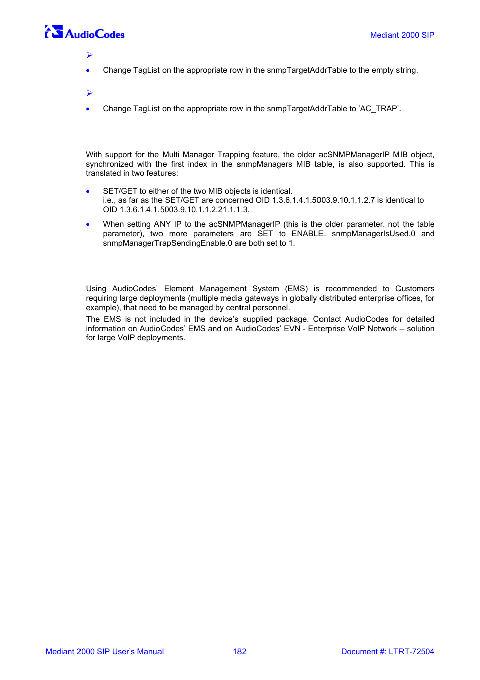 Snmp manager backward compatibility, Audiocodes’ element management system, 7 snmp manager backward compatibility | 8 audiocodes’ element management system | Nortel Networks Mediant TP-1610 SIP User Manual | Page 182 / 280