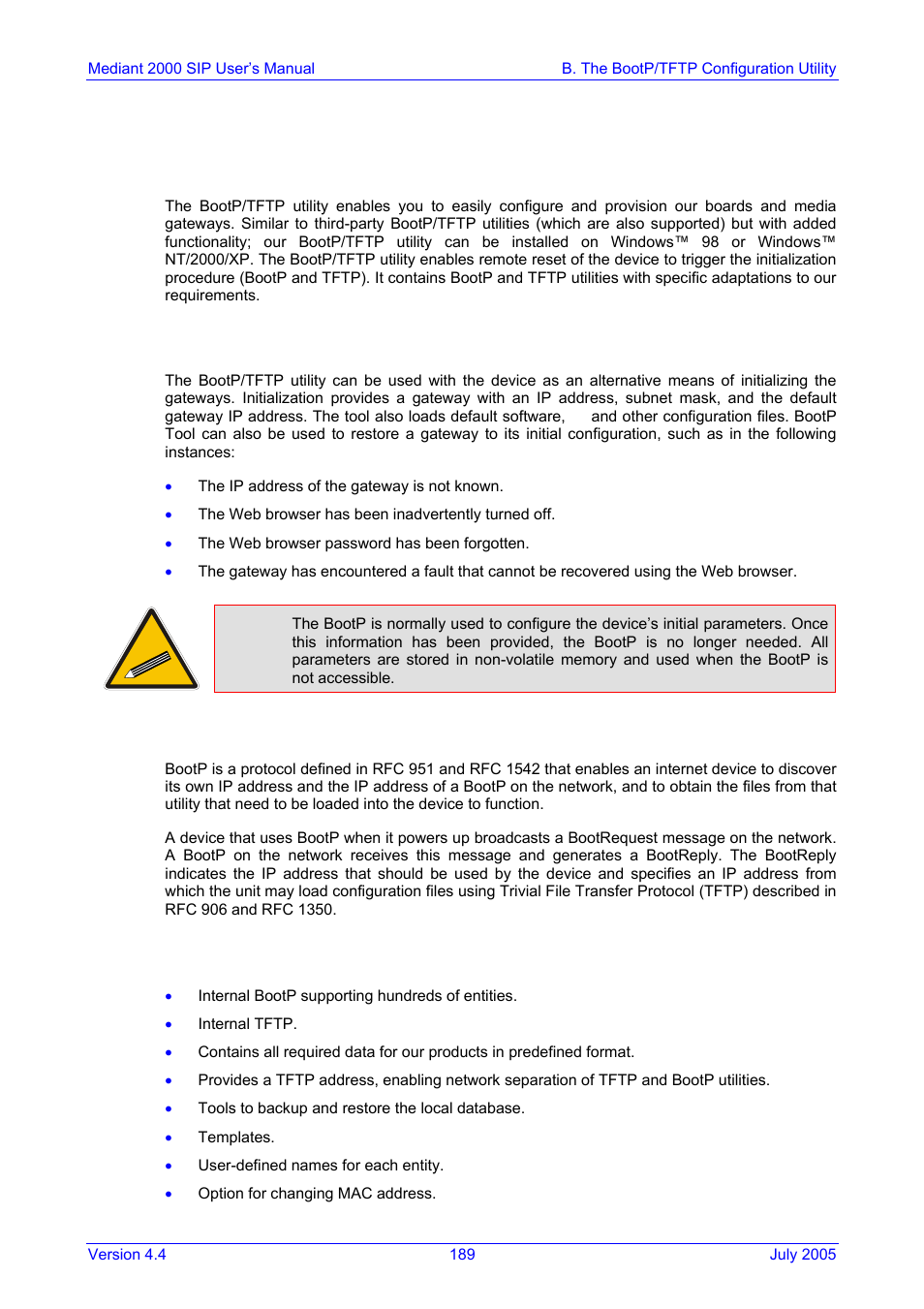 B. the bootp/tftp configuration utility, When to use the bootp/tftp, An overview of bootp | Key features, Appendix b, The bootp/tftp configuration utility, Utility, refer to, Appendix b the bootp/tftp configuration utility, B.1 when to use the bootp/tftp, B.2 an overview of bootp | Nortel Networks Mediant TP-1610 SIP User Manual | Page 189 / 280