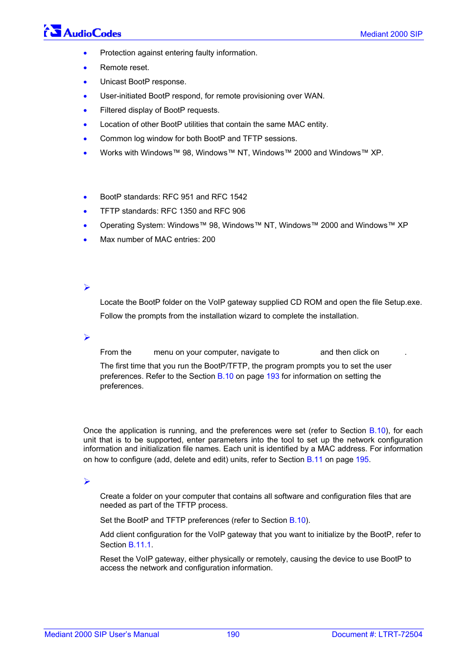 Specifications, Installation, Loading the cmp file, booting the device | Bootp/tftp application user interface, Section, B.4 specifications, B.5 installation, B.6 loading the cmp file, booting the device | Nortel Networks Mediant TP-1610 SIP User Manual | Page 190 / 280