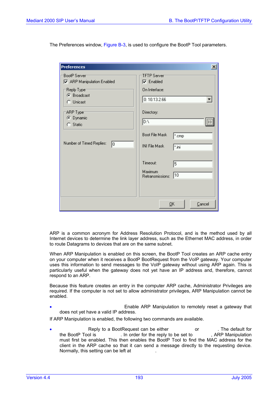 Setting the preferences, Bootp preferences, B.10 | B.10.1, Figure b-3: preferences screen, On pag, B.10 setting the preferences, B.10.1 bootp preferences | Nortel Networks Mediant TP-1610 SIP User Manual | Page 193 / 280