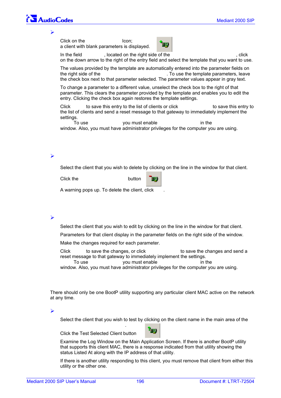 Deleting clients, Editing client parameters, Testing the client | B.11.2, B.11.3, B.11.4, B.11.2 deleting clients, B.11.3 editing client parameters, B.11.4 testing the client | Nortel Networks Mediant TP-1610 SIP User Manual | Page 196 / 280