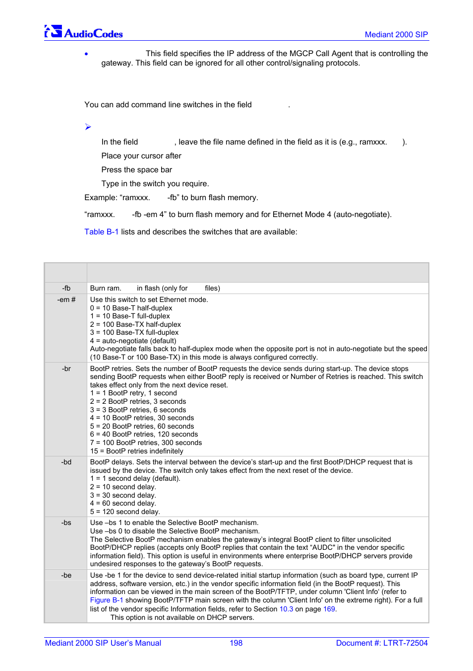 Using command line switches, B.11.6, Table b-1: command line switch descriptions | Table b-1, On pa, B.11.6 using command line switches | Nortel Networks Mediant TP-1610 SIP User Manual | Page 198 / 280