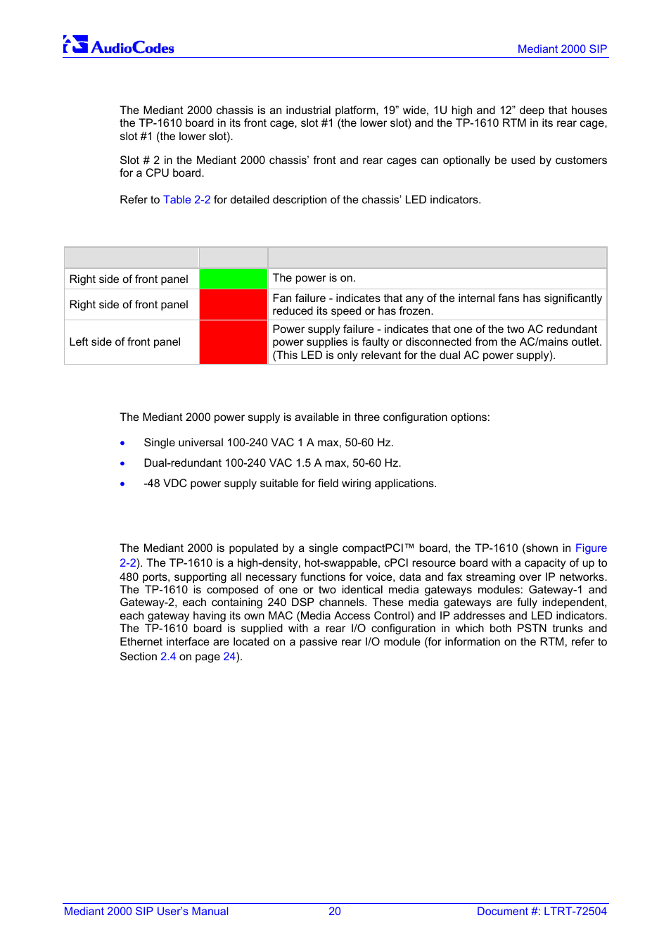The mediant 2000 chassis, Power supply, The tp-1610 board | Table 2-2: chassis led indicators, On pag, On pa, 1 power supply | Nortel Networks Mediant TP-1610 SIP User Manual | Page 20 / 280