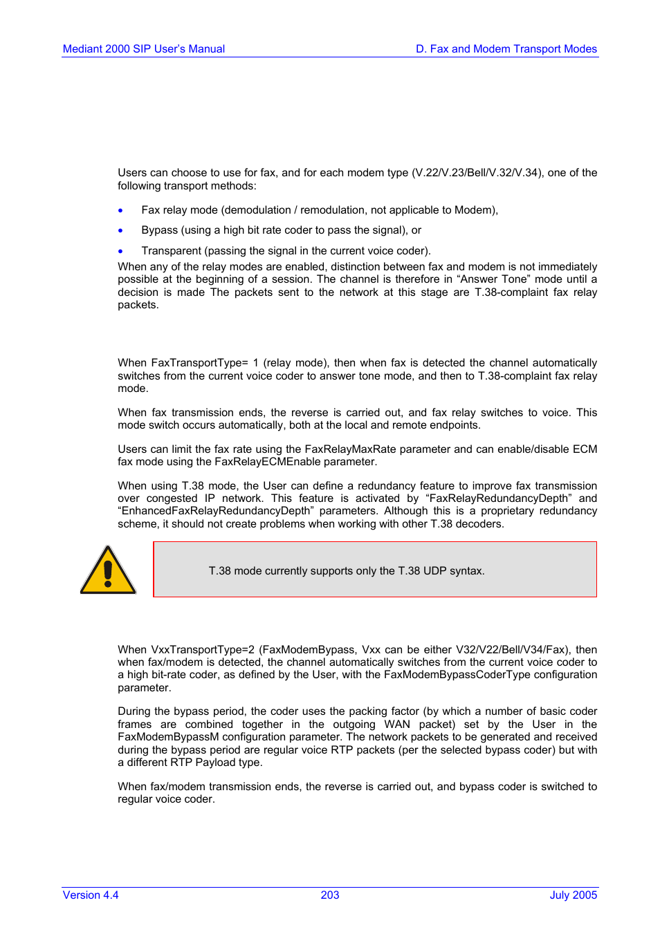 D. fax and modem transport modes, Fax/modem settings, Configuring fax relay mode | Configuring fax/modem bypass mode, Appendix d, Fax and modem transport modes, D.1.1, D.1.2, Appendix d fax and modem transport modes, D.1 fax/modem settings | Nortel Networks Mediant TP-1610 SIP User Manual | Page 203 / 280