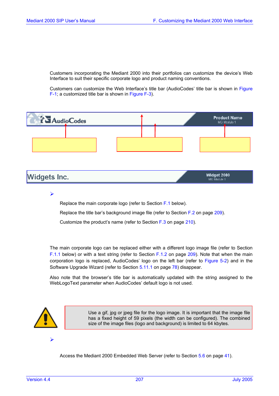 F. customizing the mediant 2000 web interface, Replacing the main corporate logo, Appendix f | Customizing the mediant 2000 web interface, F.1.1, Figure f-2: customized web interface title bar, On pag, F.1 replacing the main corporate logo | Nortel Networks Mediant TP-1610 SIP User Manual | Page 207 / 280